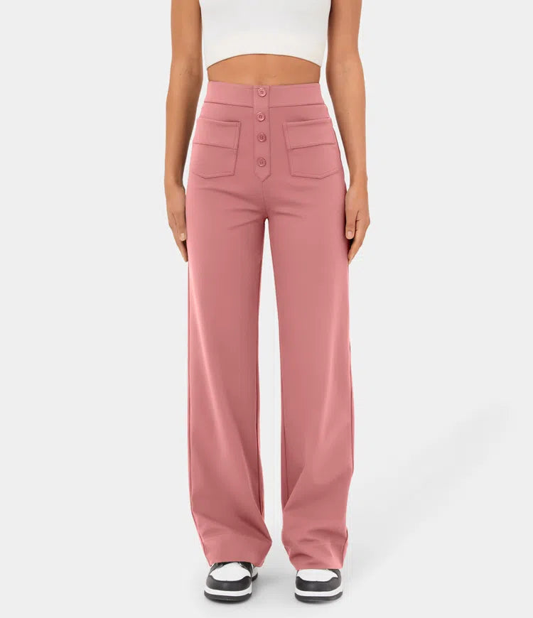 High Waisted Button Multiple Pockets Straight Leg Casual Pants