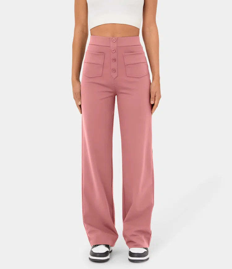 High Waisted Button Multiple Pockets Straight Leg Casual Pants