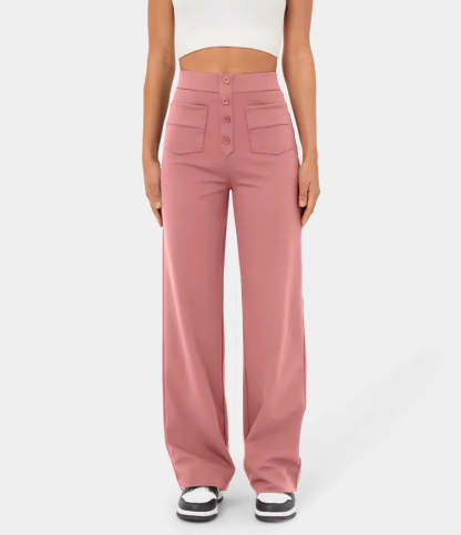 High Waisted Button Multiple Pockets Straight Leg Casual Pants