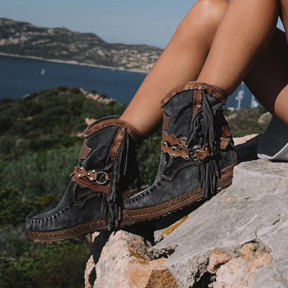 Women's Retro Leather Round-toe Flat Heel Tassel Boots Silverstone Marine Turquoise Moccasin Vintage Stone-washed Shoes