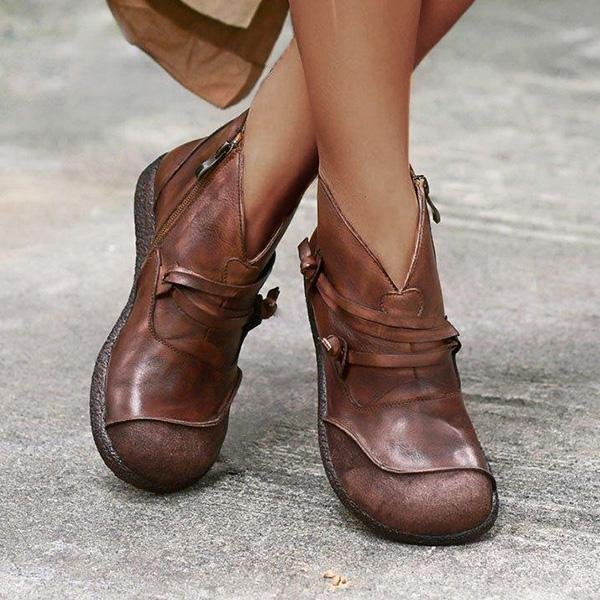 Women's Vintage Flat Heel Leather Casual Ankle Boots