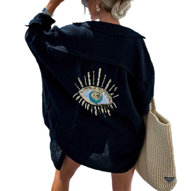 Evil Eye Casual Sequin Beaded Shirt