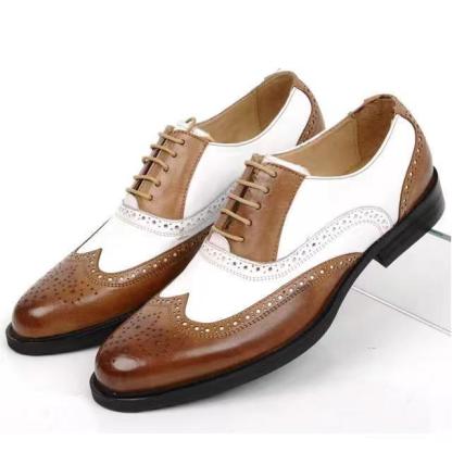 Men's white yellow patch wingtip brogue oxfords Lace-up formal business loafers shoes