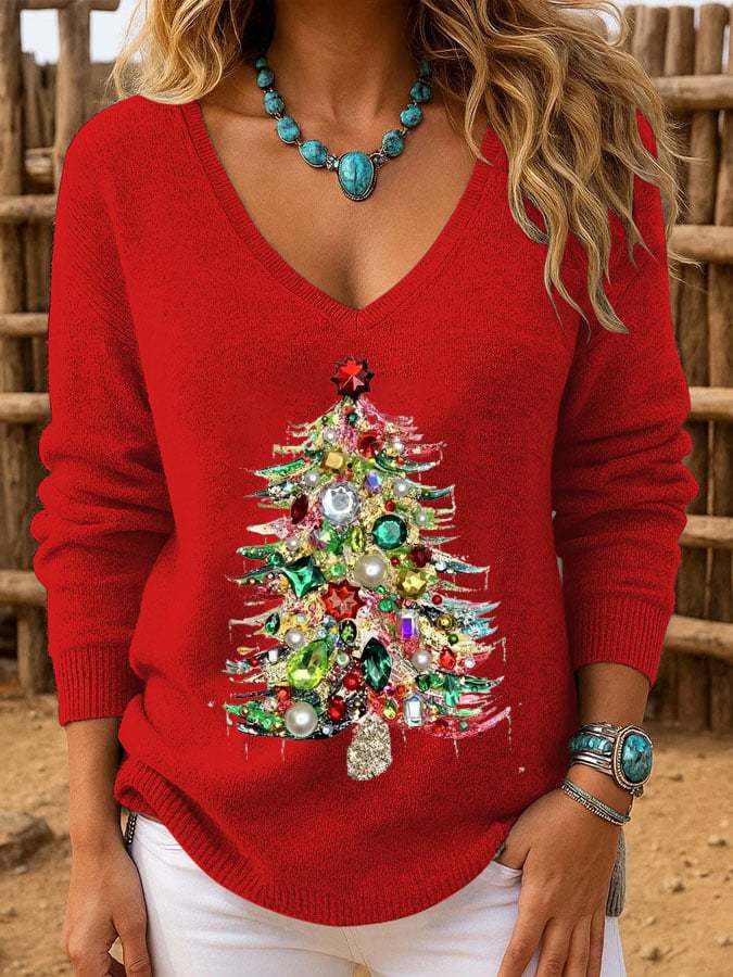 Women's Casual Christmas Tree Knitted Long Sleeve Top