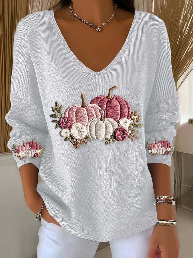 Women's casual pink pumpkin long-sleeved T-shirt knitted ribbed long-sleeved T-shirt