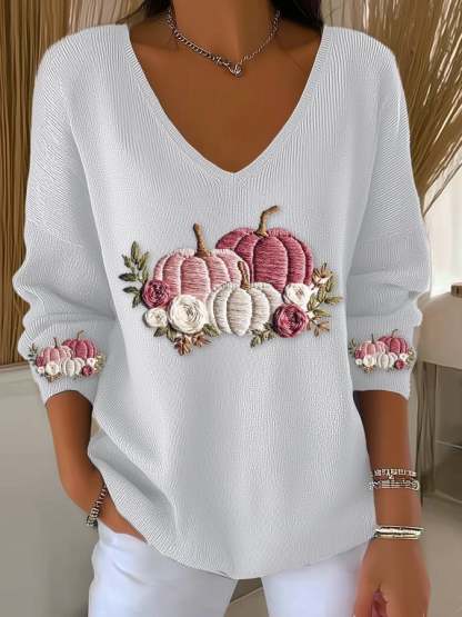 Women's casual pink pumpkin long-sleeved T-shirt knitted ribbed long-sleeved T-shirt
