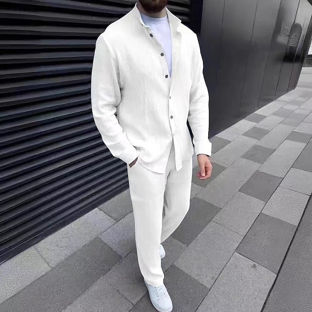 Men's 2 Piece Shirt Set Matching Sets Cotton & Linen Button Up Shirt + Pant sets