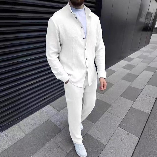 Men's 2 Piece Shirt Set Matching Sets Cotton & Linen Button Up Shirt + Pant sets