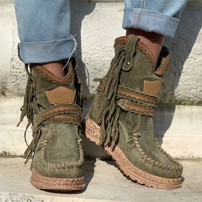 Women's Retro Leather Round-toe Flat Heel Tassel Boots Silverstone Marine Turquoise Moccasin Vintage Stone-washed Shoes