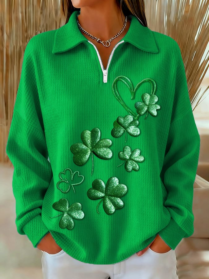 Women's Casual Retro St. Patrick's Day Waffle Knit Zip-Up Sweatshirt