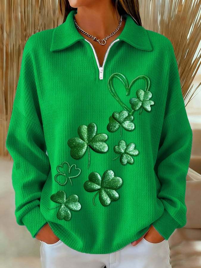 Women's Casual Retro St. Patrick's Day Waffle Knit Zip-Up Sweatshirt