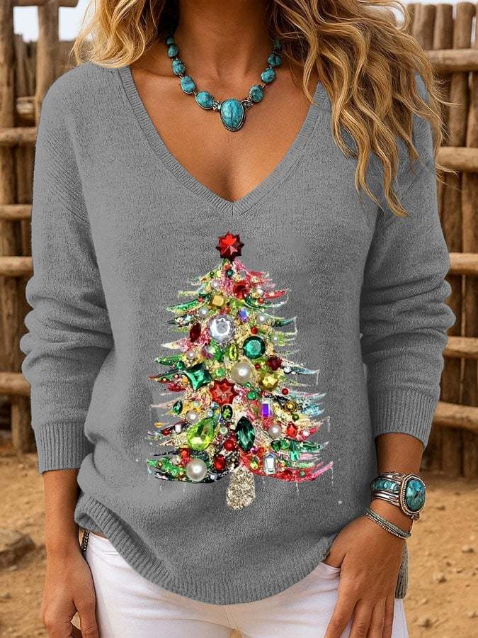 Women's Casual Christmas Tree Knitted Long Sleeve Top