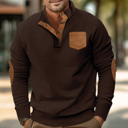 Men's pocket stand collar long sleeve corduroy colorblock sweatshirt