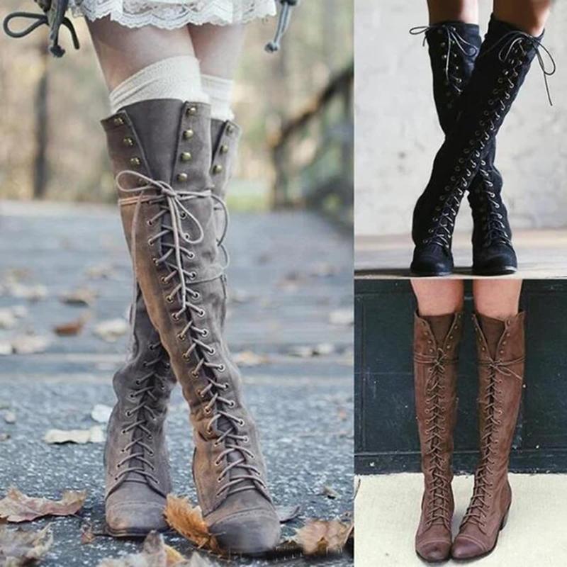 Women's Over The Knee Lace-up Boots Low Heel Long Boots