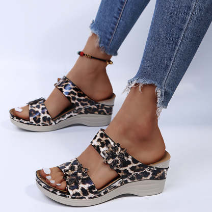 2024 🌹 New Leopard Print Leather Wedge Soft Sole Sandals