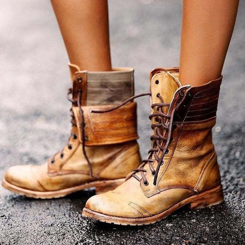 Retro lace up combat boots women's motorcycle boots cow heel combat bo
