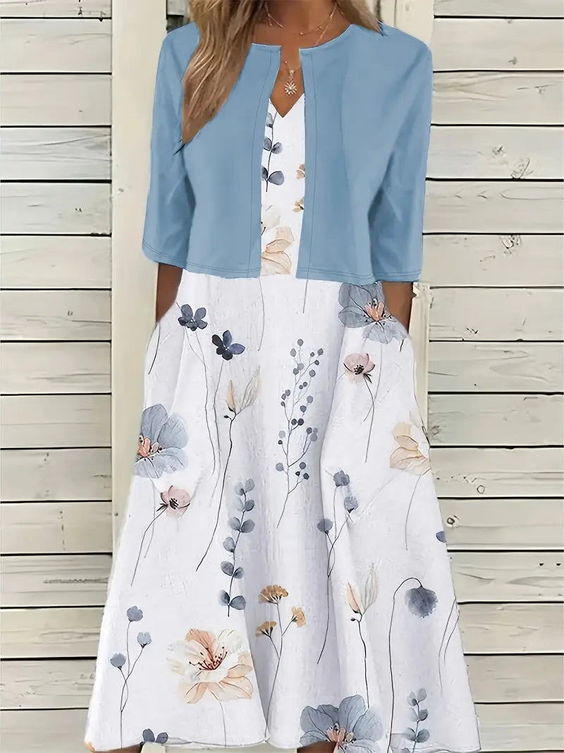 V Neck Half Sleeve Floral Two Piece Midi Dress