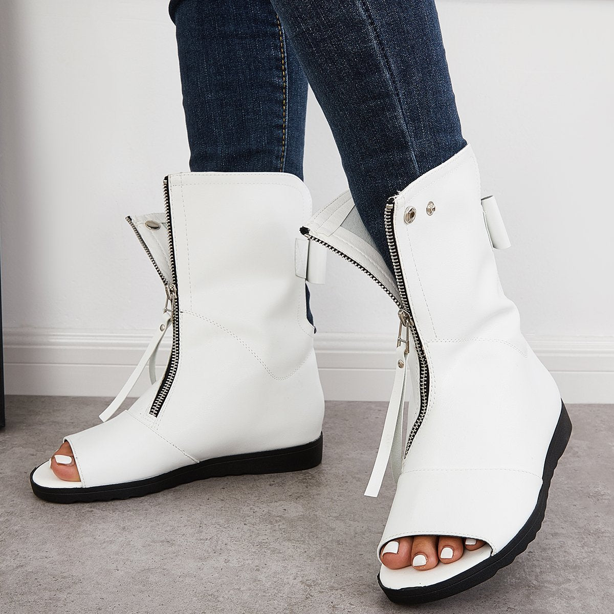 Women's Open Toe Ankle Boots Fashion Flat Booties Zip Up Boots