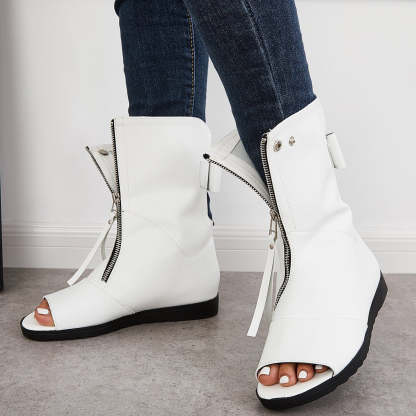 Women's Open Toe Ankle Boots Fashion Flat Booties Zip Up Boots