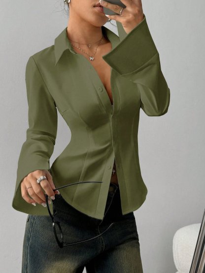Women's Slim-Fit Button-Down Long-Sleeved Casual Shirt, Suitable for Daily Commuting