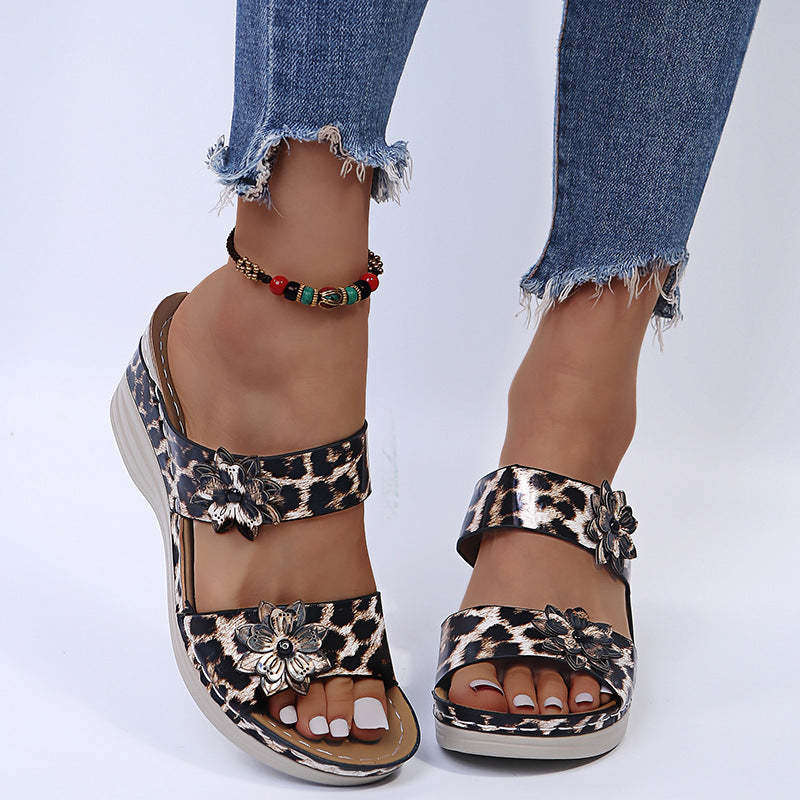 2024 🌹 New Leopard Print Leather Wedge Soft Sole Sandals