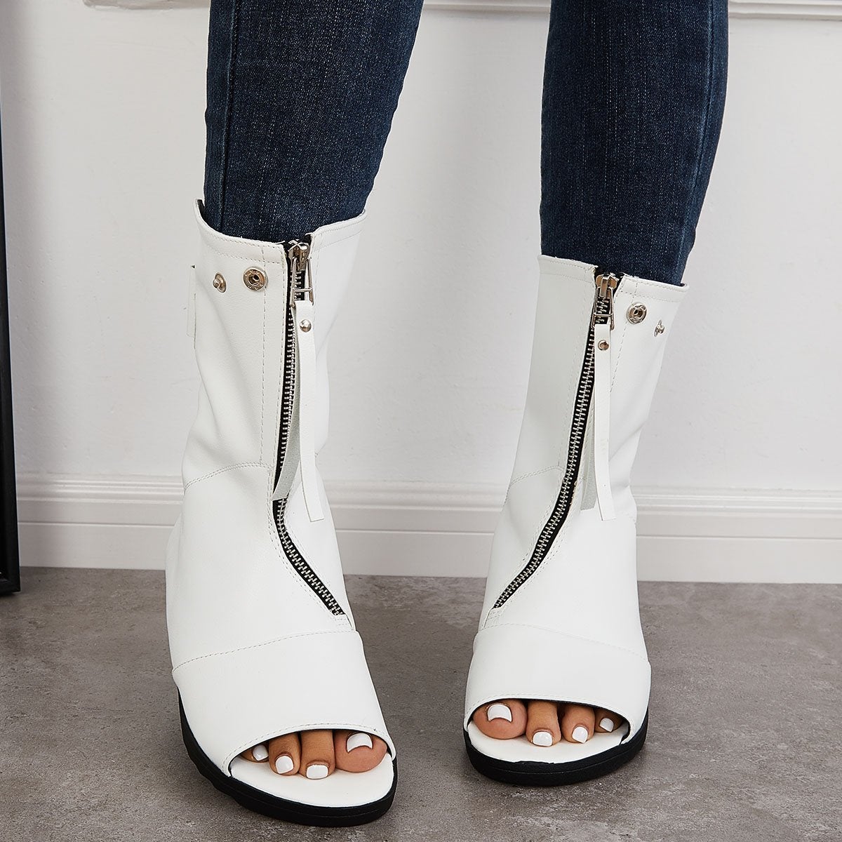 Women's Open Toe Ankle Boots Fashion Flat Booties Zip Up Boots