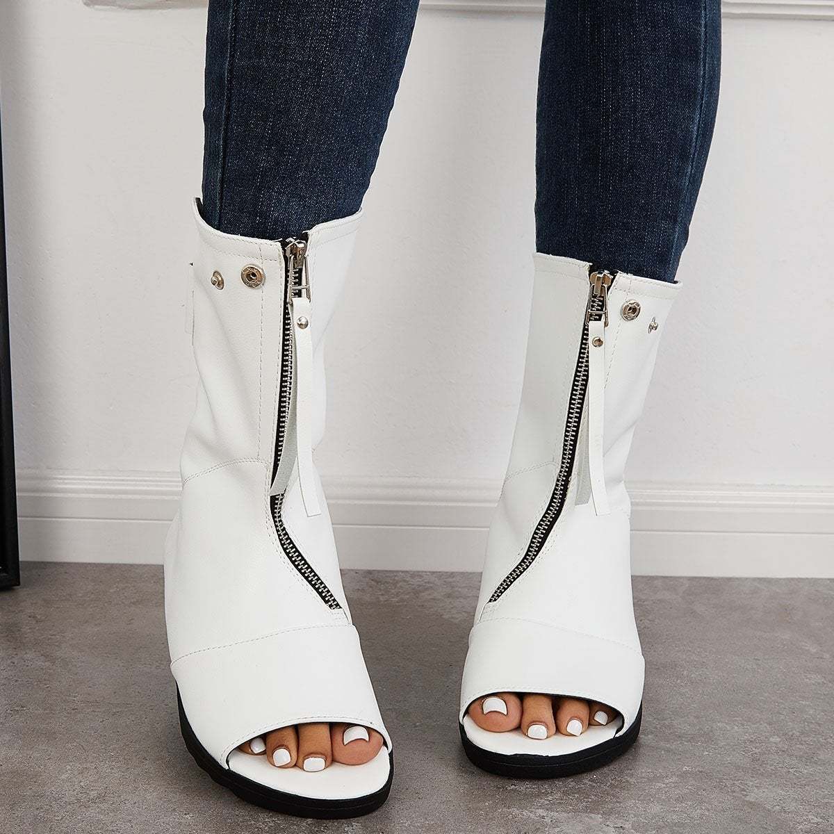 Women's Open Toe Ankle Boots Fashion Flat Booties Zip Up Boots