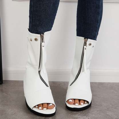 Women's Open Toe Ankle Boots Fashion Flat Booties Zip Up Boots
