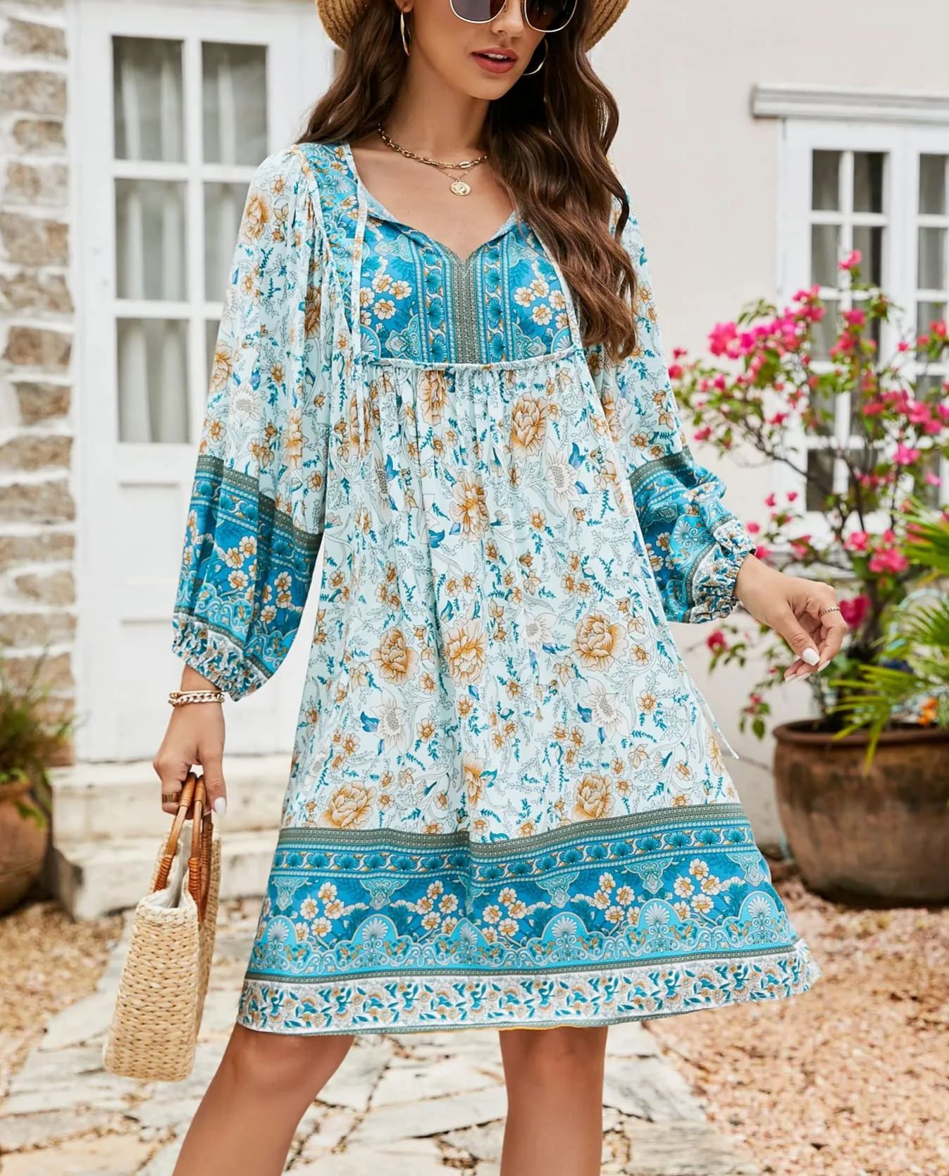 Women's V Neck 3/4 Sleeve Short Floral Print Flowy Dress