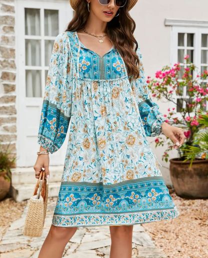 Women's V Neck 3/4 Sleeve Short Floral Print Flowy Dress