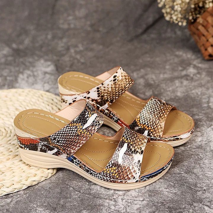 2024 New Leopard Print Leather Wedge Soft Sole Sandals for Women