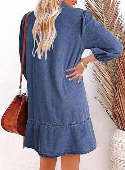 ⏰Hot Sale-Women's V-neck Puff Sleeve Denim Layered Dress