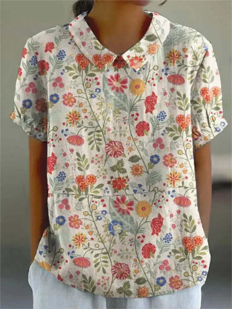 Women's Retro Floral Print Cotton Linen Casual Shirt