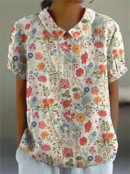 Women's Retro Floral Print Cotton Linen Casual Shirt
