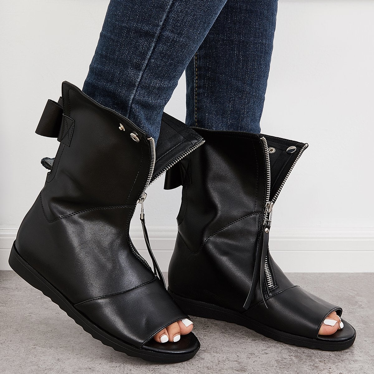 Women's Open Toe Ankle Boots Fashion Flat Booties Zip Up Boots