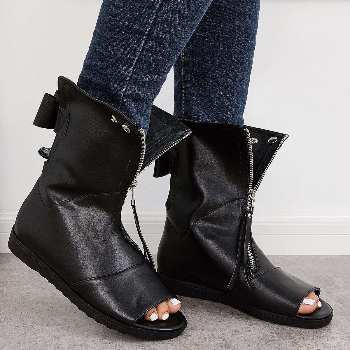 Women's Open Toe Ankle Boots Fashion Flat Booties Zip Up Boots