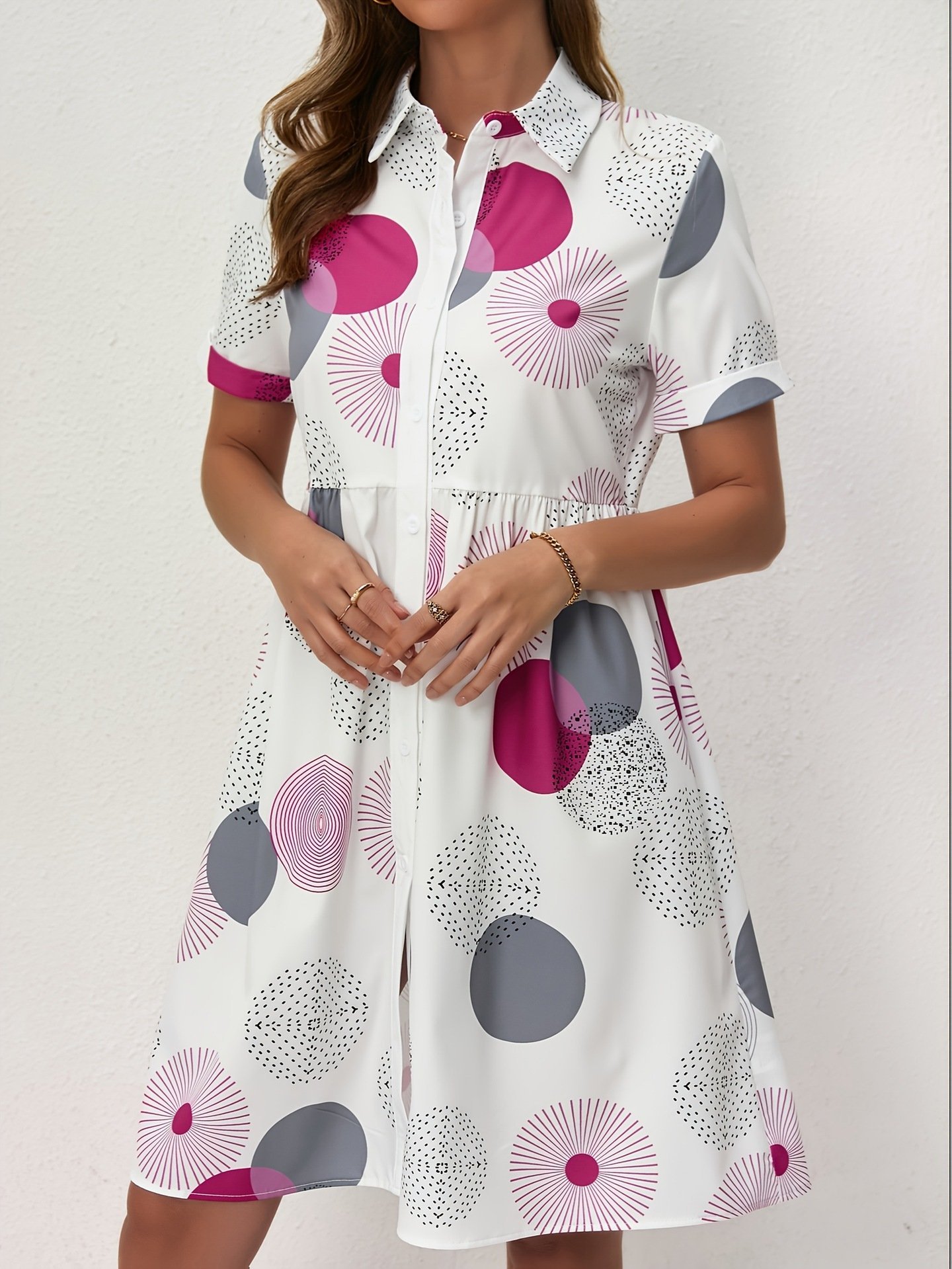 All Over Print Shirt Dress, Casual Short Sleeve Collared Dress for Summer