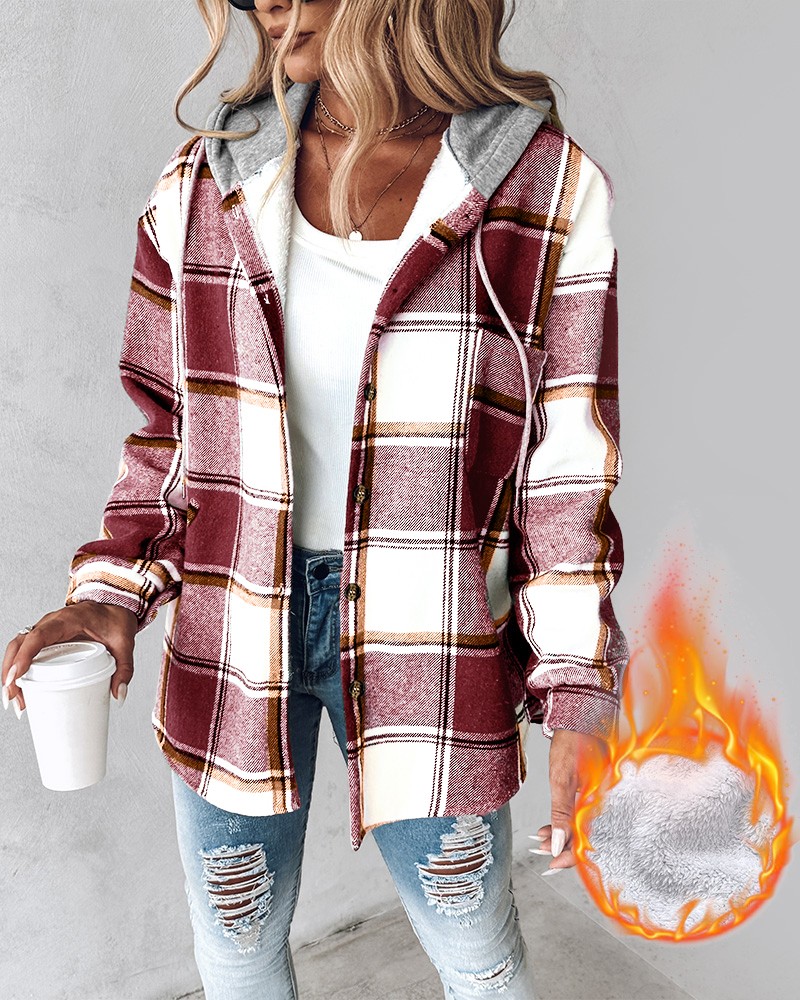 Plaid Pattern Long Sleeve Shacket Button Down Fleece Lined Hooded Jackets Warm Coat