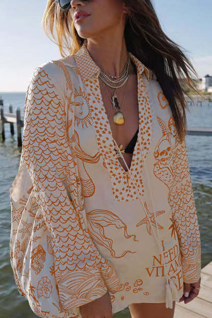 Live By Water Satin Unique Letter Print Tassle Shirt and Elastic Waist Shorts Set