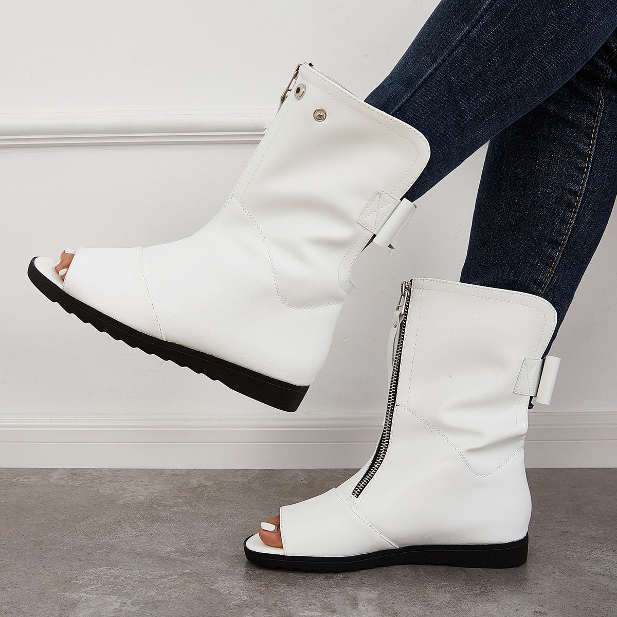 Women's Open Toe Ankle Boots Fashion Flat Booties Zip Up Boots