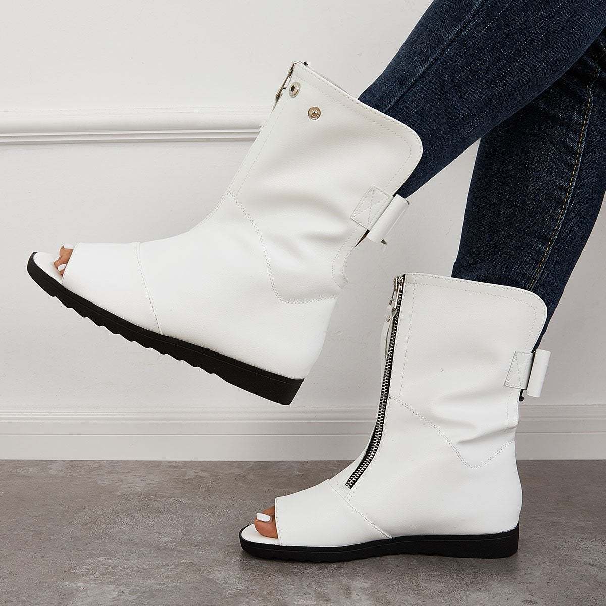 Women's Open Toe Ankle Boots Fashion Flat Booties Zip Up Boots
