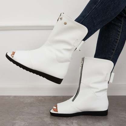 Women's Open Toe Ankle Boots Fashion Flat Booties Zip Up Boots