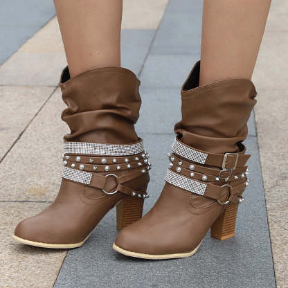 Women Fashion Short Rhinestone Booties Studded Strap Buckle Round Toe Stacked Chunky Heeled Boots