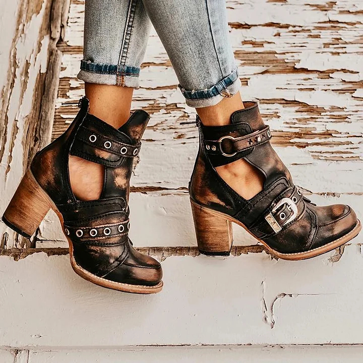 Retro Block Heel Ankle Boots Ankle Strap Buckle Boots For Women Vintag