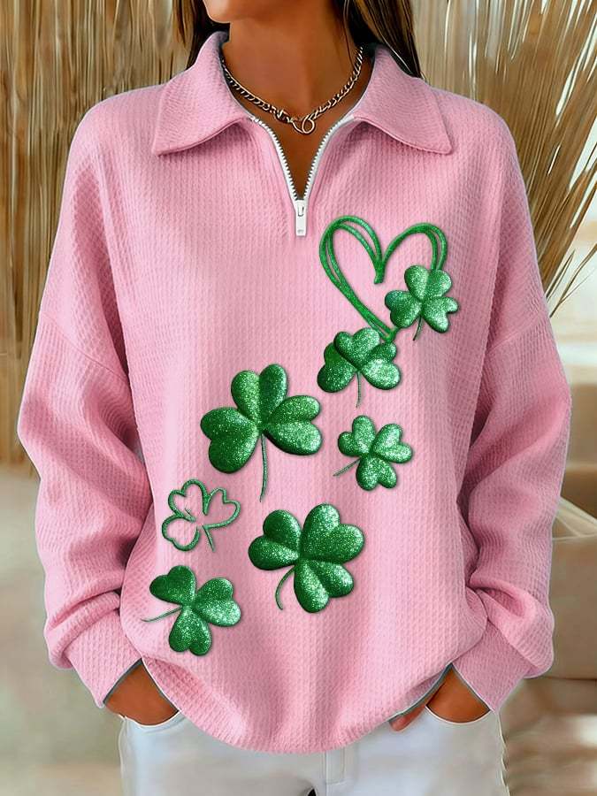 Women's Casual Retro St. Patrick's Day Waffle Knit Zip-Up Sweatshirt