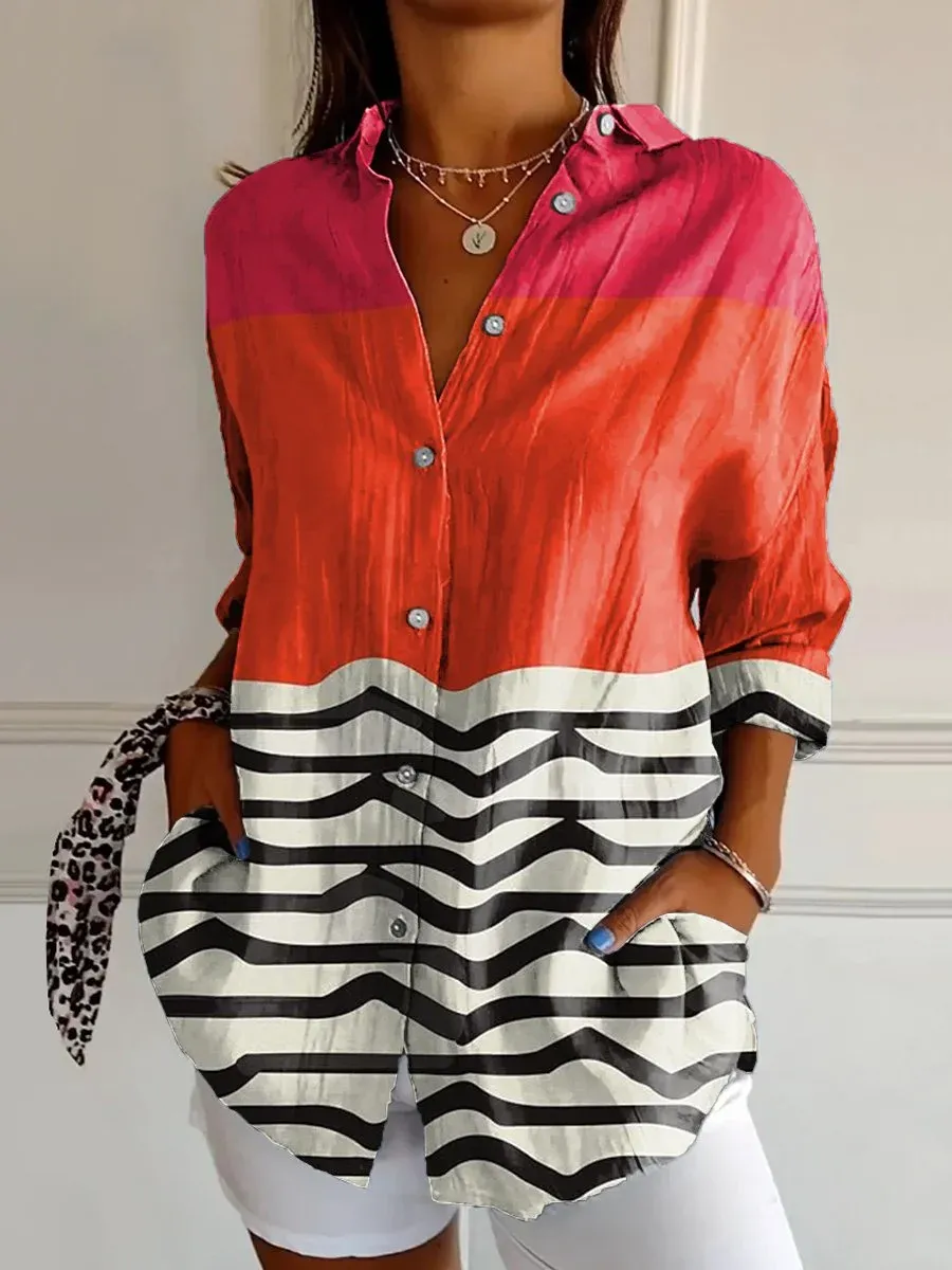 WOMEN'S ABSTRACT LINE COTTON LINEN SHIRT