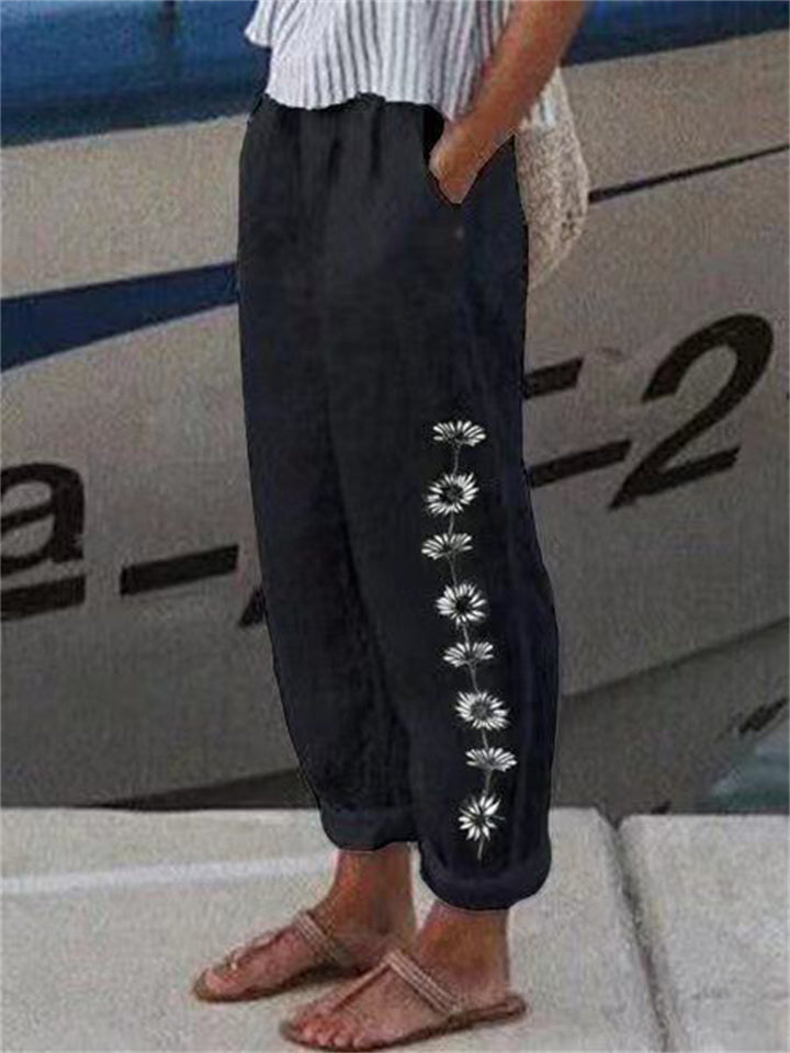 Women's Daisy Print Cotton Blend Soft Vacation Pants