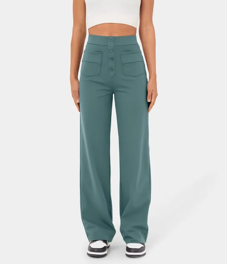 High Waisted Button Multiple Pockets Straight Leg Casual Pants