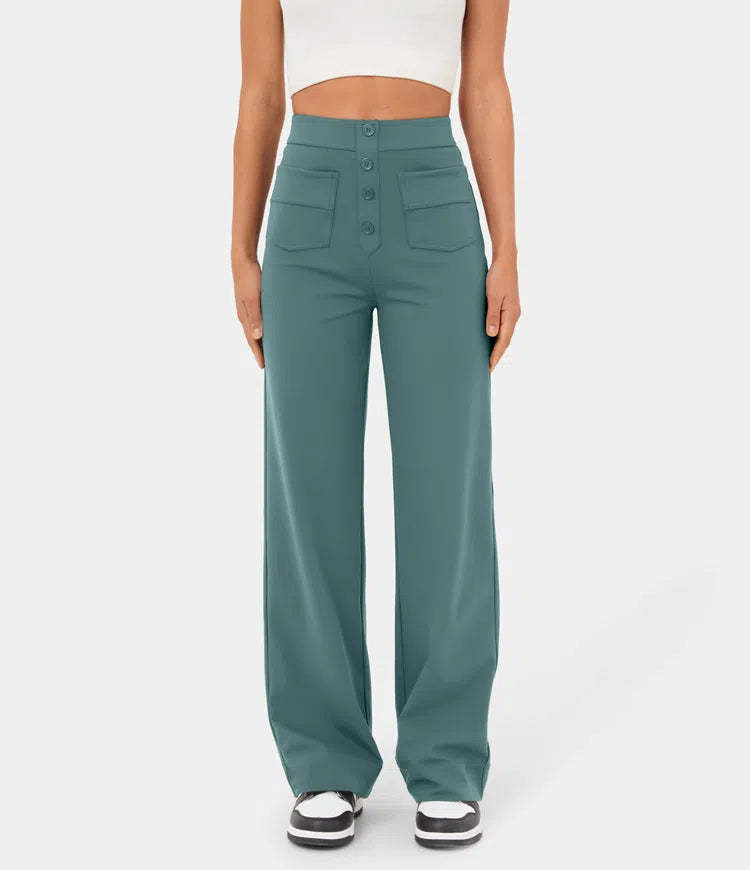 High Waisted Button Multiple Pockets Straight Leg Casual Pants