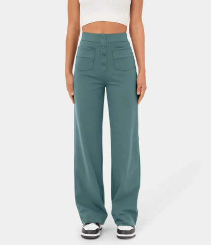 High Waisted Button Multiple Pockets Straight Leg Casual Pants